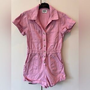 Show Me Your MuMu Pink Short-Sleeve Pink Denim One-Piece Romper